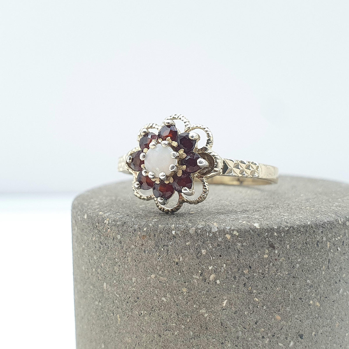 Vintage Gold on Sterling Silver Opal & Garnet Halo Ring Cluster Genuine Gemstone UK P US 7.5 Womens Girls Jewelry Jewellery