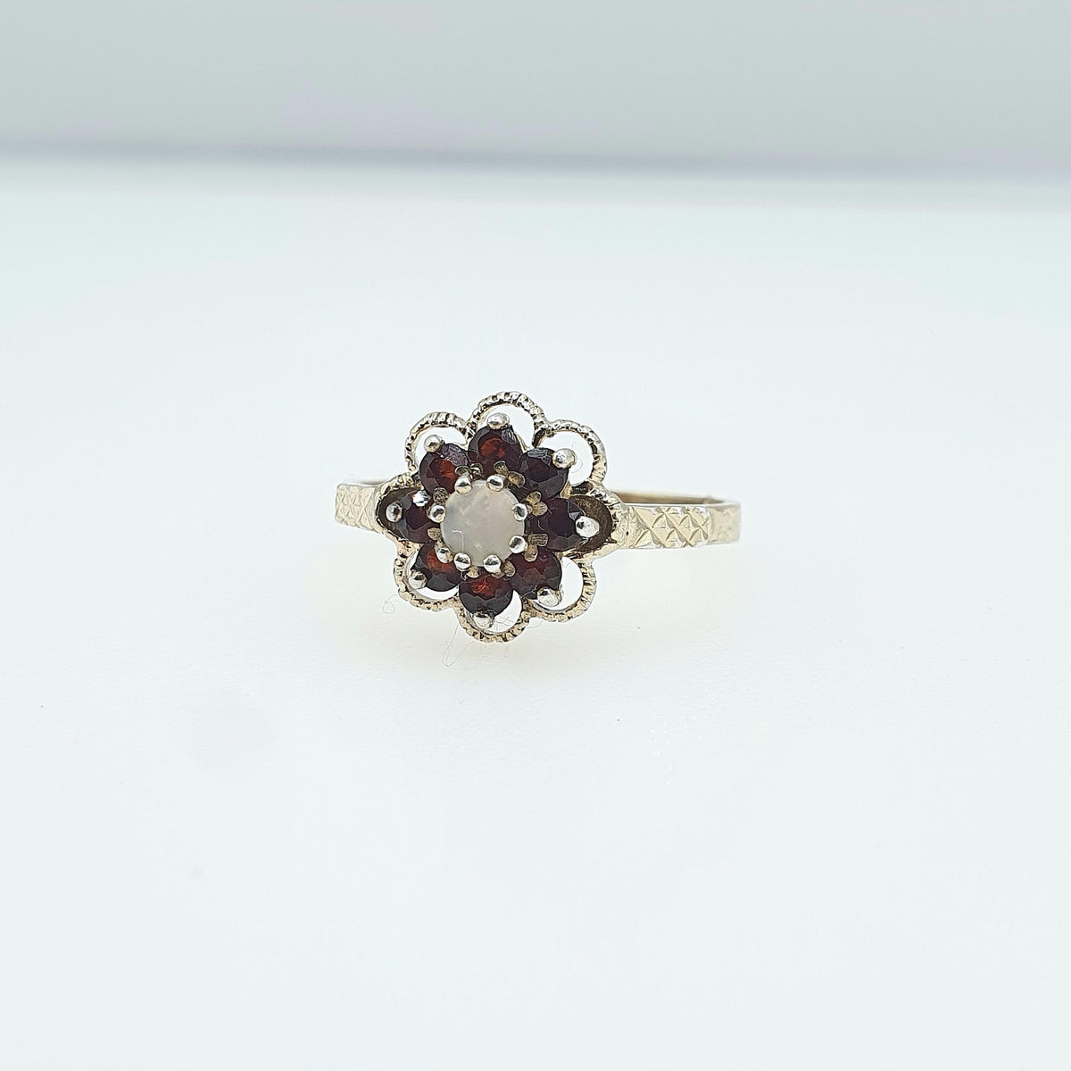 Vintage Gold on Sterling Silver Opal & Garnet Halo Ring Cluster Genuine Gemstone UK P US 7.5 Womens Girls Jewelry Jewellery
