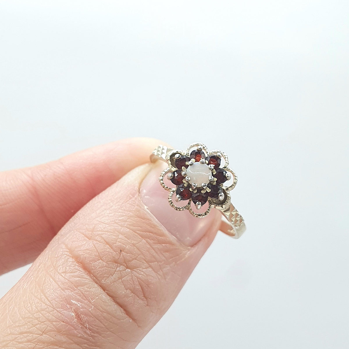 Vintage Gold on Sterling Silver Opal & Garnet Halo Ring Cluster Genuine Gemstone UK P US 7.5 Womens Girls Jewelry Jewellery