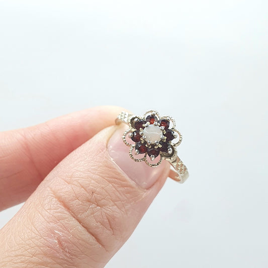 Vintage Gold on Sterling Silver Opal & Garnet Halo Ring Cluster Genuine Gemstone UK P US 7.5 Womens Girls Jewelry Jewellery