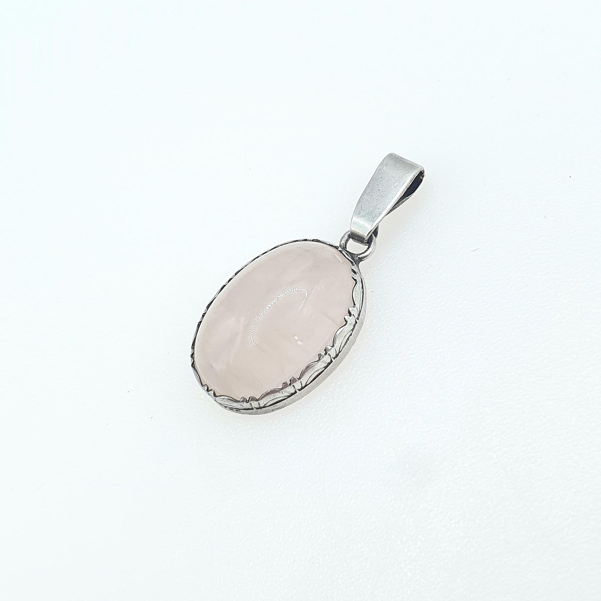 Antique Solid Silver Rose Quartz Pendant Necklace Art Deco Pink Quartz Patterned Border Vintage Womens Jewelry Jewellery