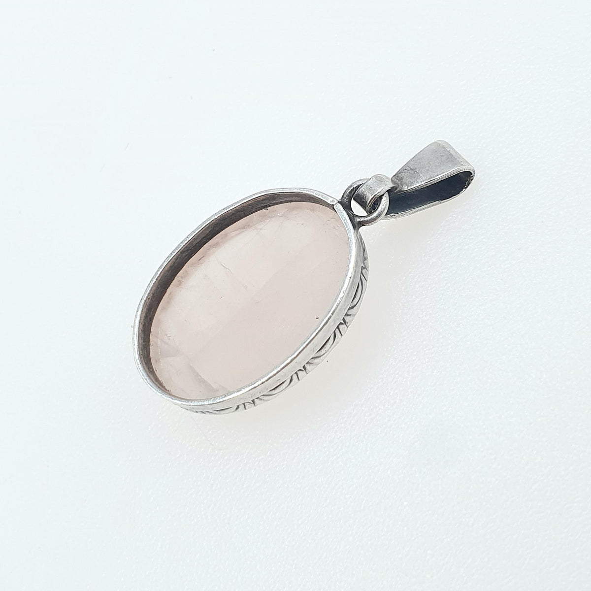 Antique Solid Silver Rose Quartz Pendant Necklace Art Deco Pink Quartz Patterned Border Vintage Womens Jewelry Jewellery