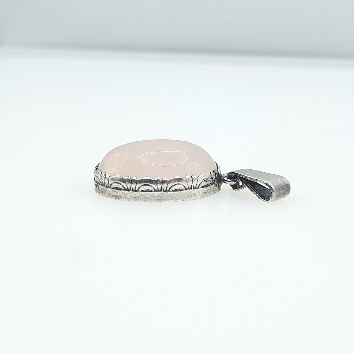 Antique Solid Silver Rose Quartz Pendant Necklace Art Deco Pink Quartz Patterned Border Vintage Womens Jewelry Jewellery