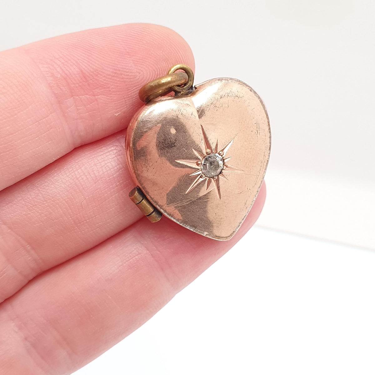 Antique Rolled Gold Diamond Paste Heart Locket Rose Gold Filled Victorian Necklace Star Large Pendant Vintage 1800s Big Jewellery Jewelry