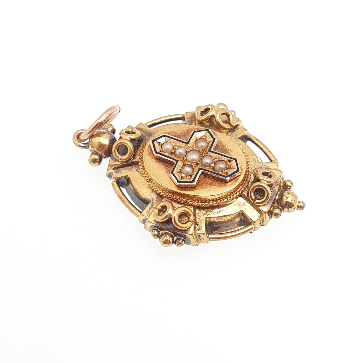 Antique 15ct Gold Pearl Pendant Victorian Cross Crucifix Necklace Solid 625 15 Carat Blue Enamel Yellow Gold Vintage Jewelry Jewellery