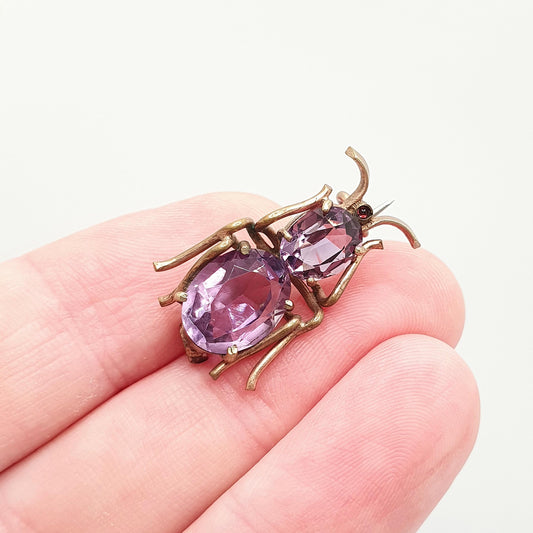 Antique Amethyst Bug Brooch Natural Gemstone Gold Gilt Victorian Insect Oval Cut Quartz Pin Vintage 1800s Jewelry Jewellery