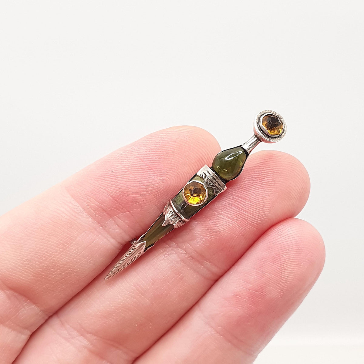 Antique Sterling Silver Kilt Dirk Pin Brooch Connemara Marble Citrine Paste Victorian 1800s Cairngorm Vintage Jewelry Jewellery