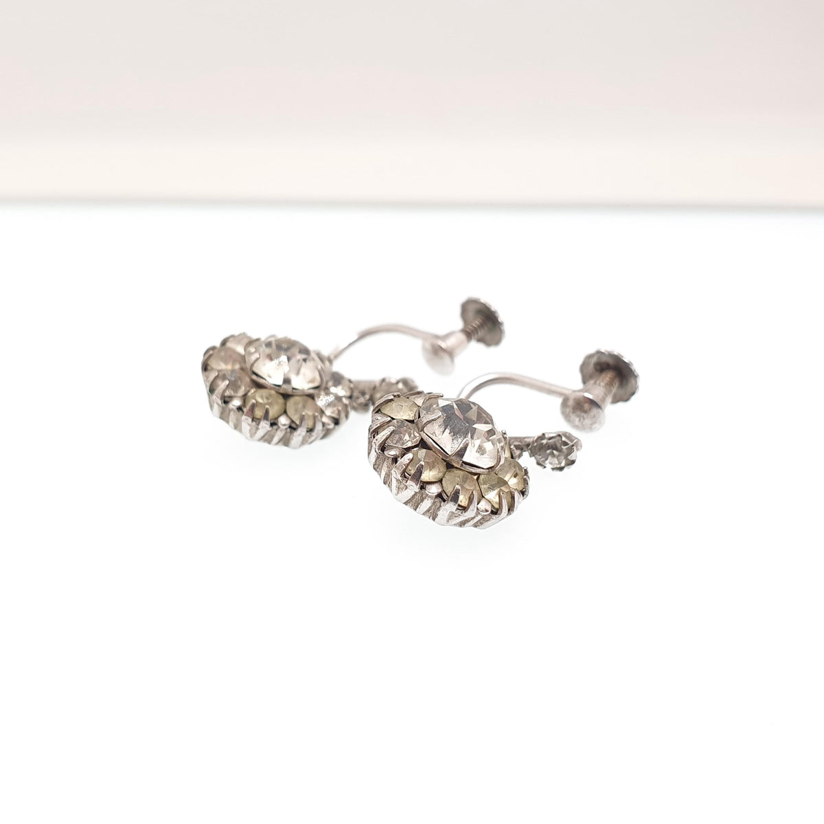 Antique Solid Silver Diamond Paste Earrings Cluster Screw Back Sparkly Foiled Glass Halo Vintage Womens Jewelry Jewellery