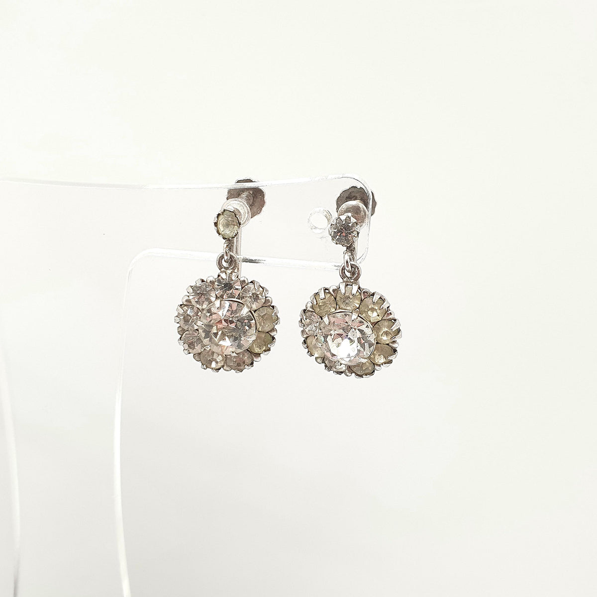 Antique Solid Silver Diamond Paste Earrings Cluster Screw Back Sparkly Foiled Glass Halo Vintage Womens Jewelry Jewellery