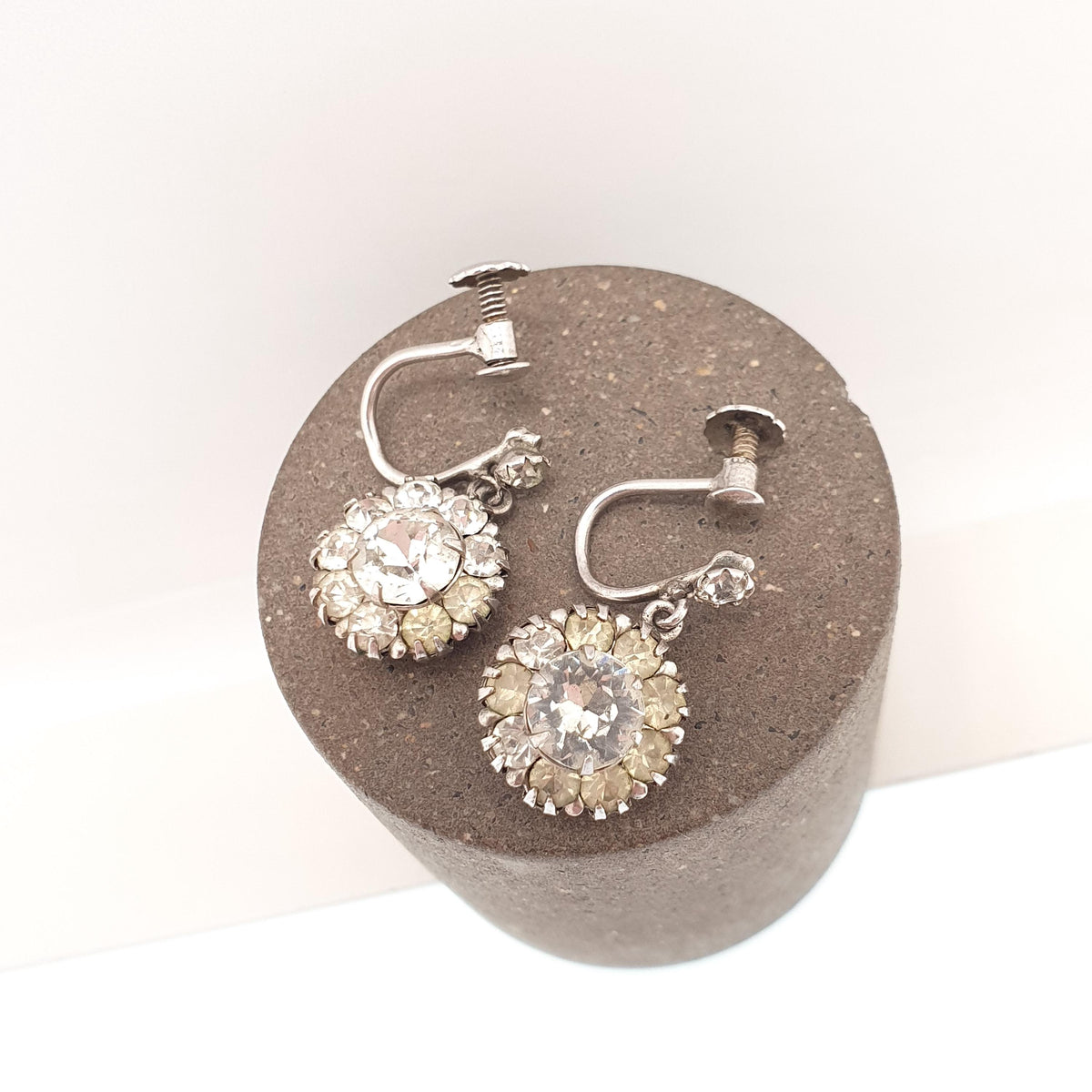 Antique Solid Silver Diamond Paste Earrings Cluster Screw Back Sparkly Foiled Glass Halo Vintage Womens Jewelry Jewellery