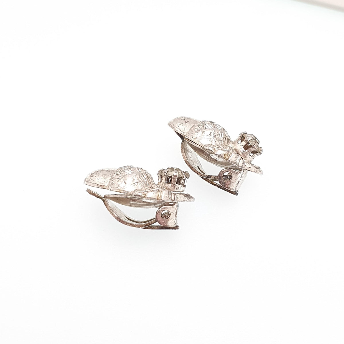 Antique Sterling Silver Acorn Earrings Diamond Paste Clip On Oak Tree Leaf Art Deco 1920s Solid 925 Naturalistic Womens Jewelry Jewellery