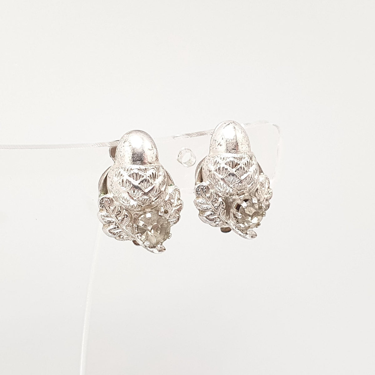 Antique Sterling Silver Acorn Earrings Diamond Paste Clip On Oak Tree Leaf Art Deco 1920s Solid 925 Naturalistic Womens Jewelry Jewellery
