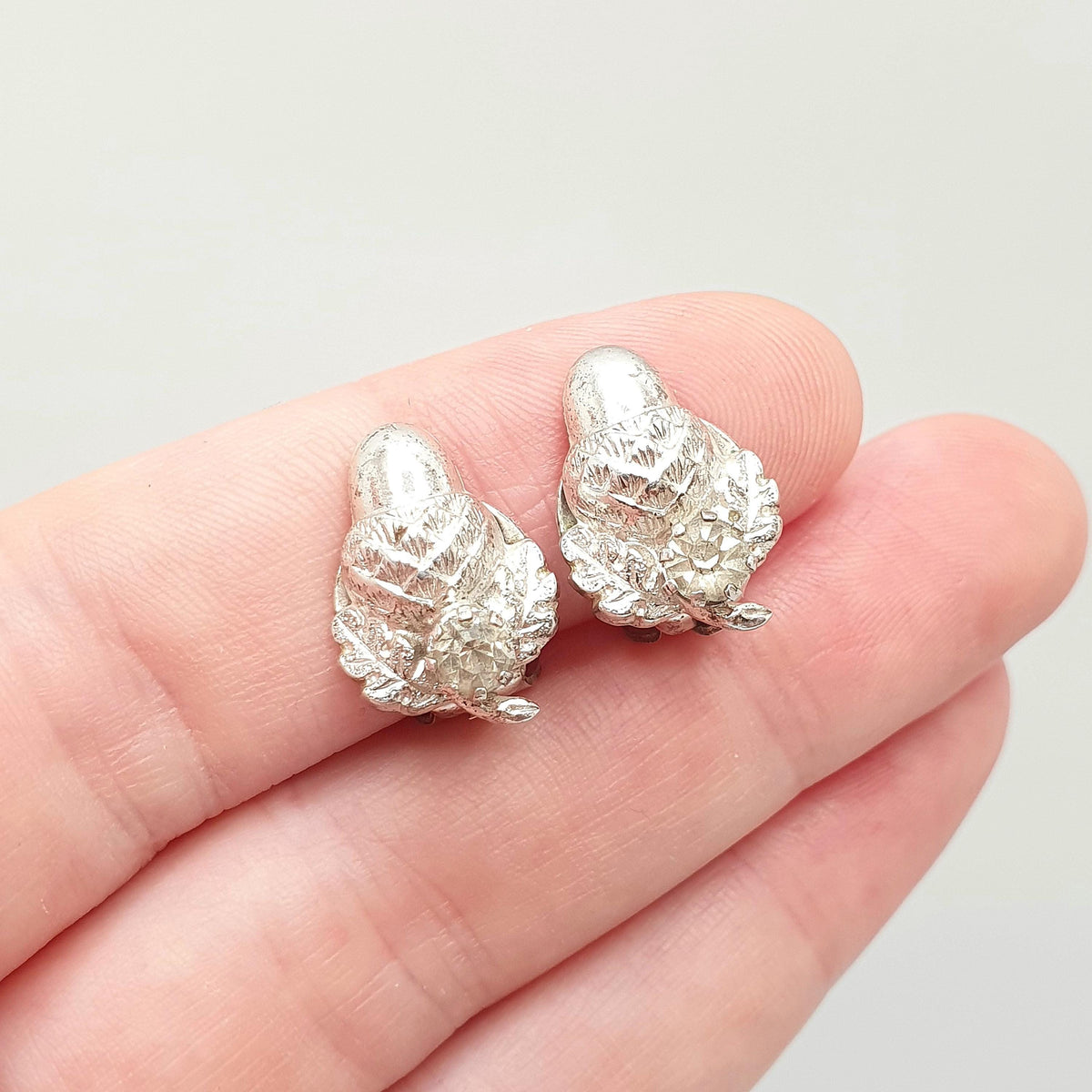 Antique Sterling Silver Acorn Earrings Diamond Paste Clip On Oak Tree Leaf Art Deco 1920s Solid 925 Naturalistic Womens Jewelry Jewellery
