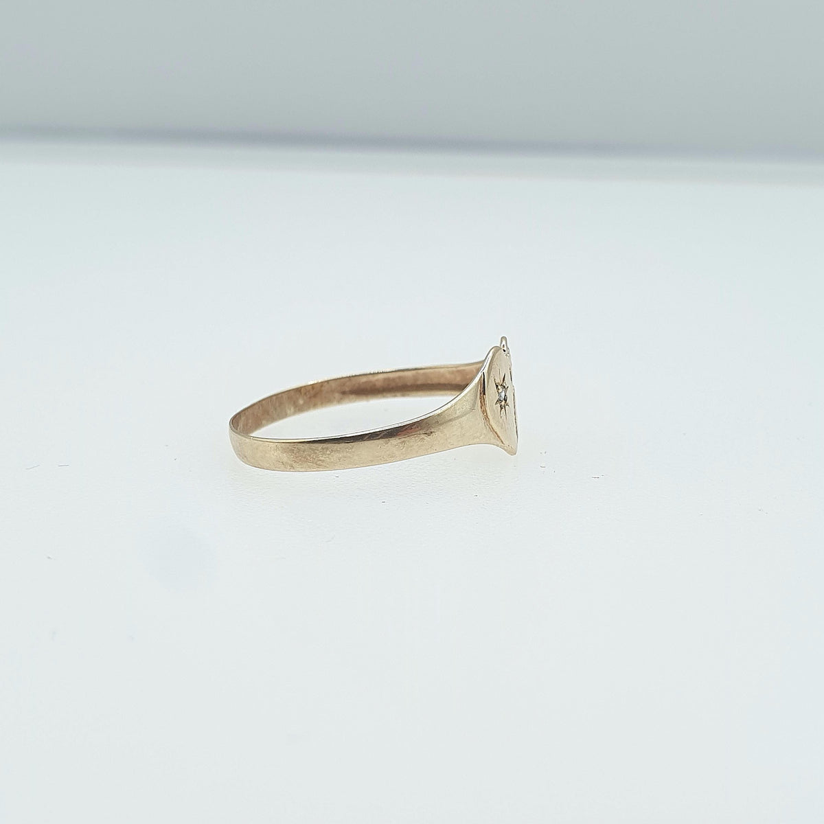 Vintage 9ct Gold Diamond Heart Ring Signet Genuine Natural Gemstone Solid 9k UK O US 7.25 Retro Love Gift Romantic Womens Jewelry Jewellery