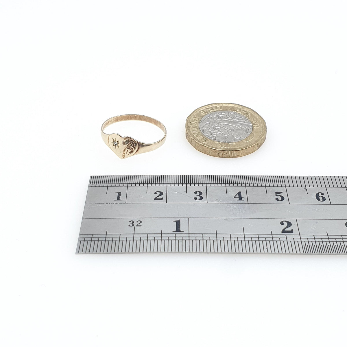 Vintage 9ct Gold Diamond Heart Ring Signet Genuine Natural Gemstone Solid 9k UK O US 7.25 Retro Love Gift Romantic Womens Jewelry Jewellery