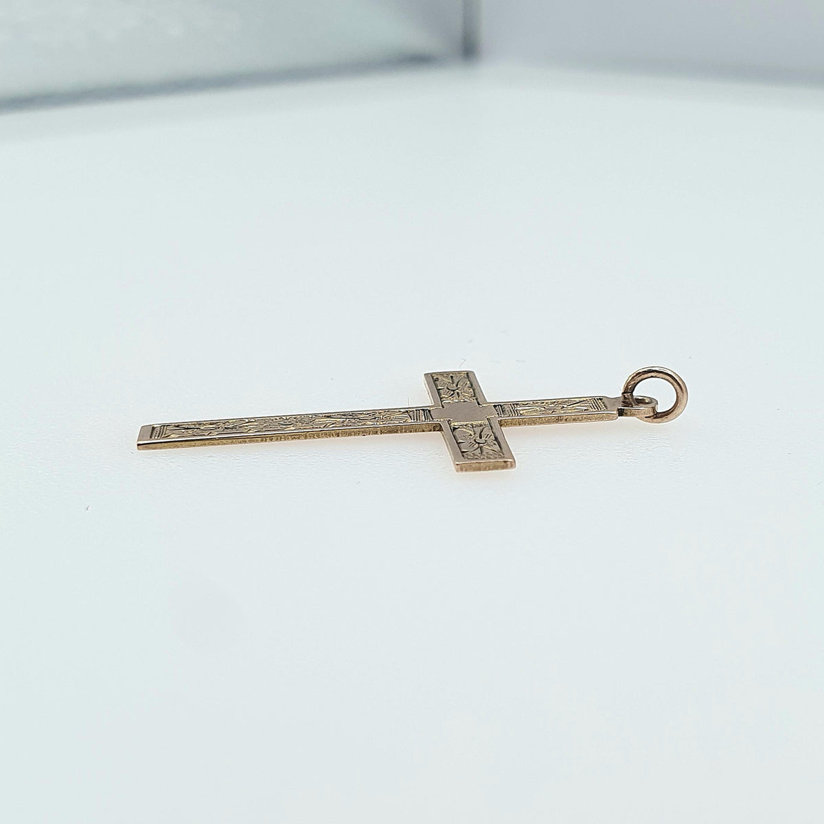 Antique 9ct Rose Gold Crucifix Pendant Cross Necklace Hand Engraved Flowers Solid 9k 9kt Vintage Womens Mens Jewellery Jewelry