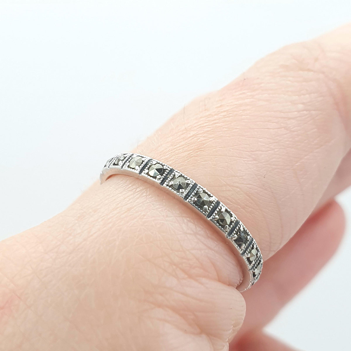 Antique Art Deco Solid Silver Marcasite Eternity Ring Square Shapes Full Band Stacker Stacking Womens Jewelry Jewellery UK R.5 US 8.75