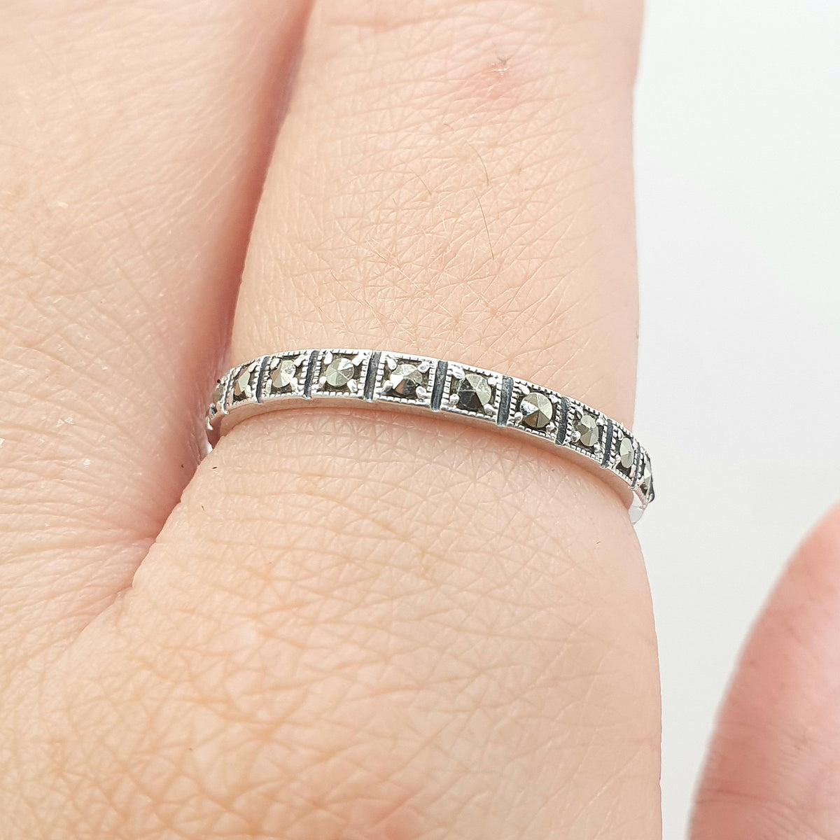 Antique Art Deco Solid Silver Marcasite Eternity Ring Square Shapes Full Band Stacker Stacking Womens Jewelry Jewellery UK R.5 US 8.75