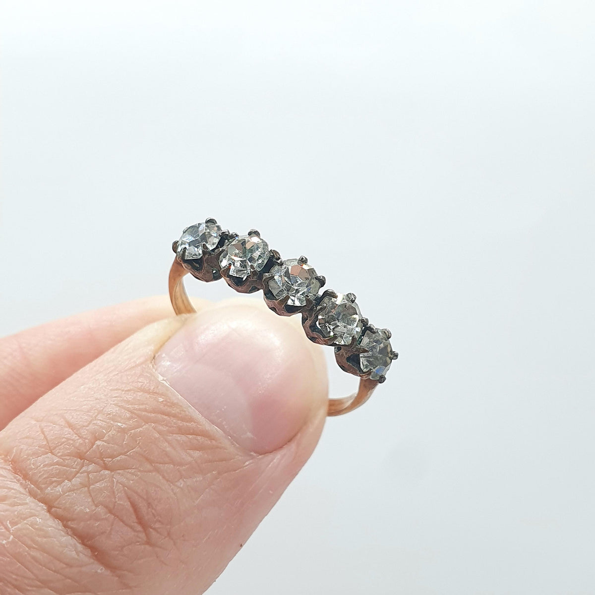 Antique Victorian Rolled Gold Diamond Paste Ring 5 Stone Foiled Gold Filled UK O US 7.25 Vintage Ladies Womens Jewelry Jewellery