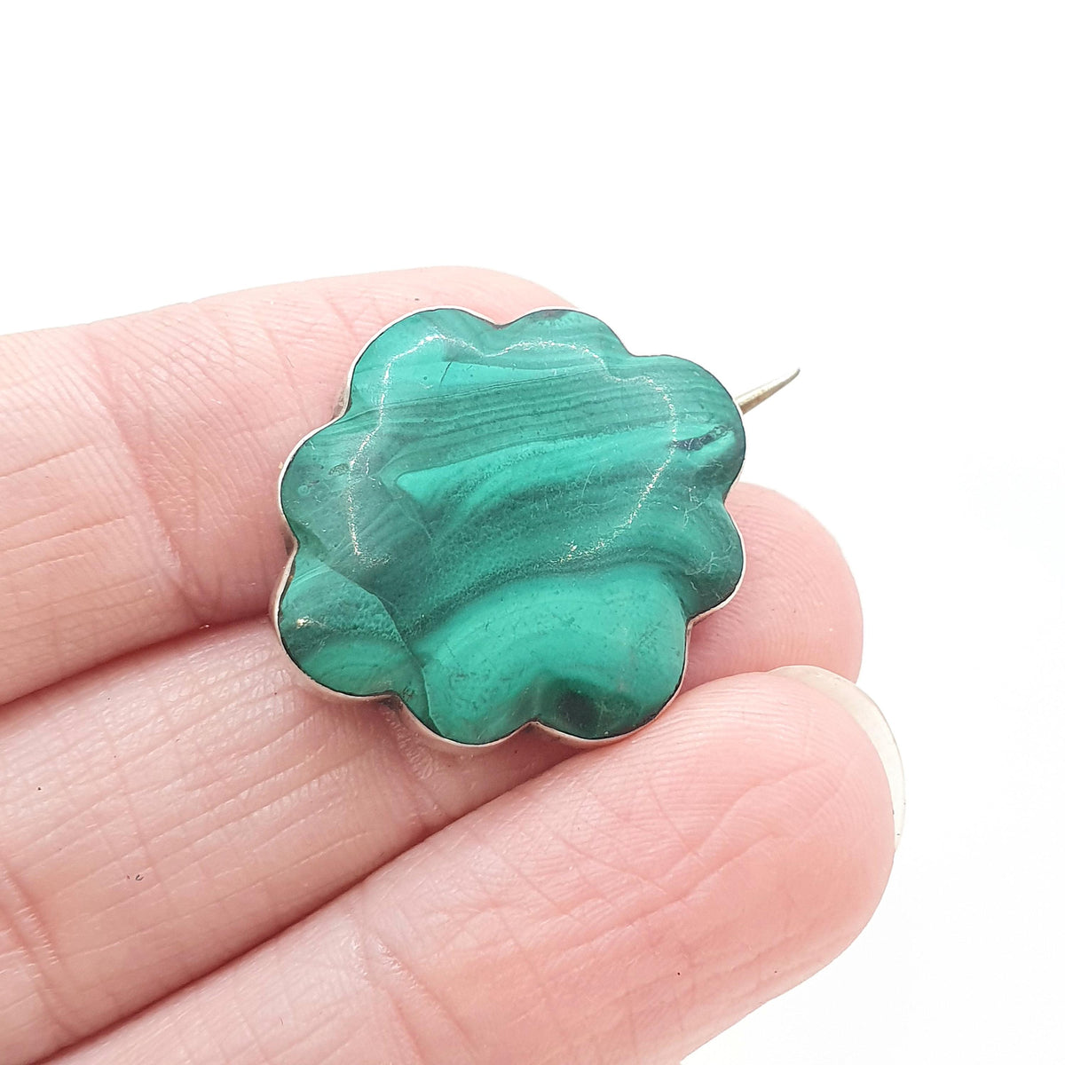 Antique Victorian Solid Silver Malachite Brooch Pin Green Banded Gemstone Cloud Shape Vintage Womens Jewelry Jewellery