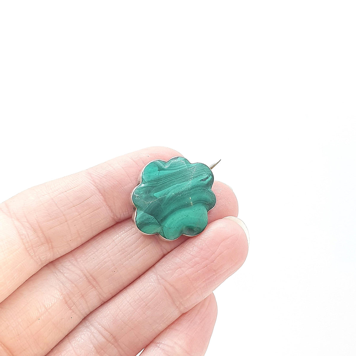 Antique Victorian Solid Silver Malachite Brooch Pin Green Banded Gemstone Cloud Shape Vintage Womens Jewelry Jewellery