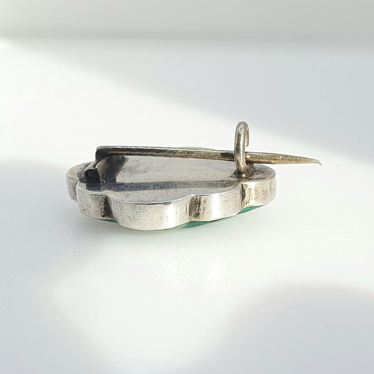 Antique Victorian Solid Silver Malachite Brooch Pin Green Banded Gemstone Cloud Shape Vintage Womens Jewelry Jewellery