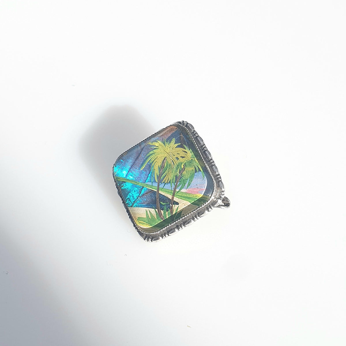 Antique Sterling Silver Butterfly Wing Brooch Palm Tree Beach Scene TLM Thomas L Mott Handpainted Exotic Jewelry Vintage Insect Jewellery