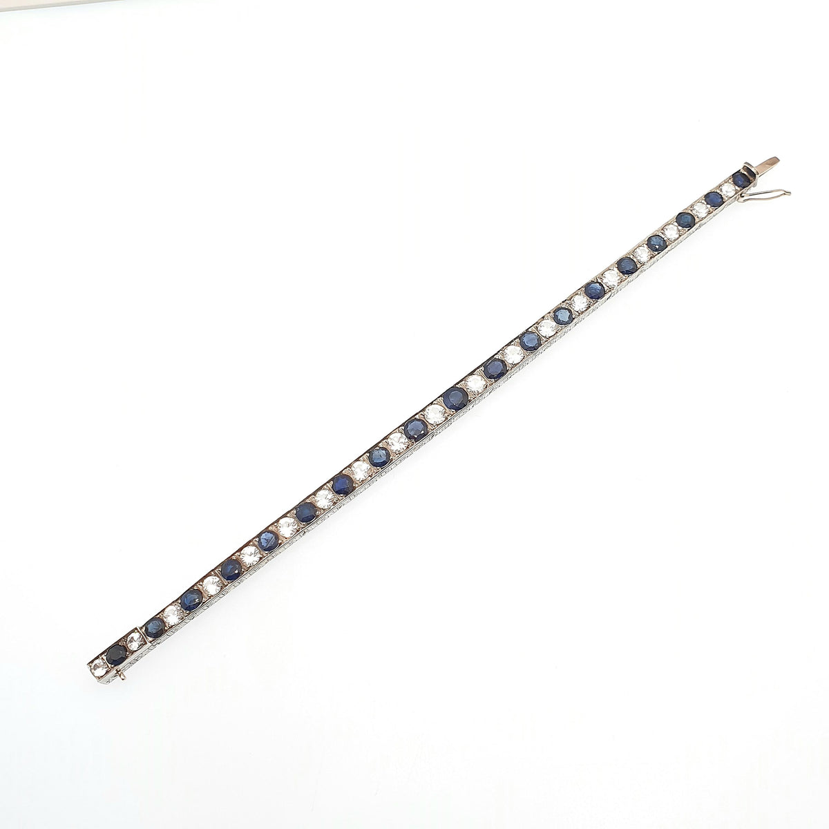 Antique Solid Silver Sapphire Line Bracelet Tennis Genuine Blue & White Gemstones Art Deco Tennis Link 1920s Vintage Jewelry Jewellery