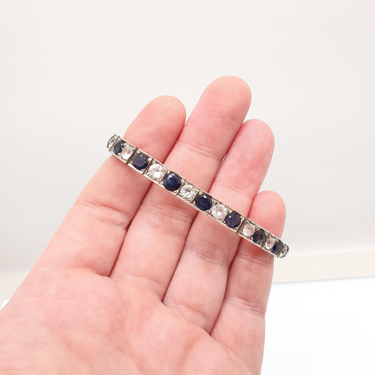Antique Solid Silver Sapphire Line Bracelet Tennis Genuine Blue & White Gemstones Art Deco Tennis Link 1920s Vintage Jewelry Jewellery