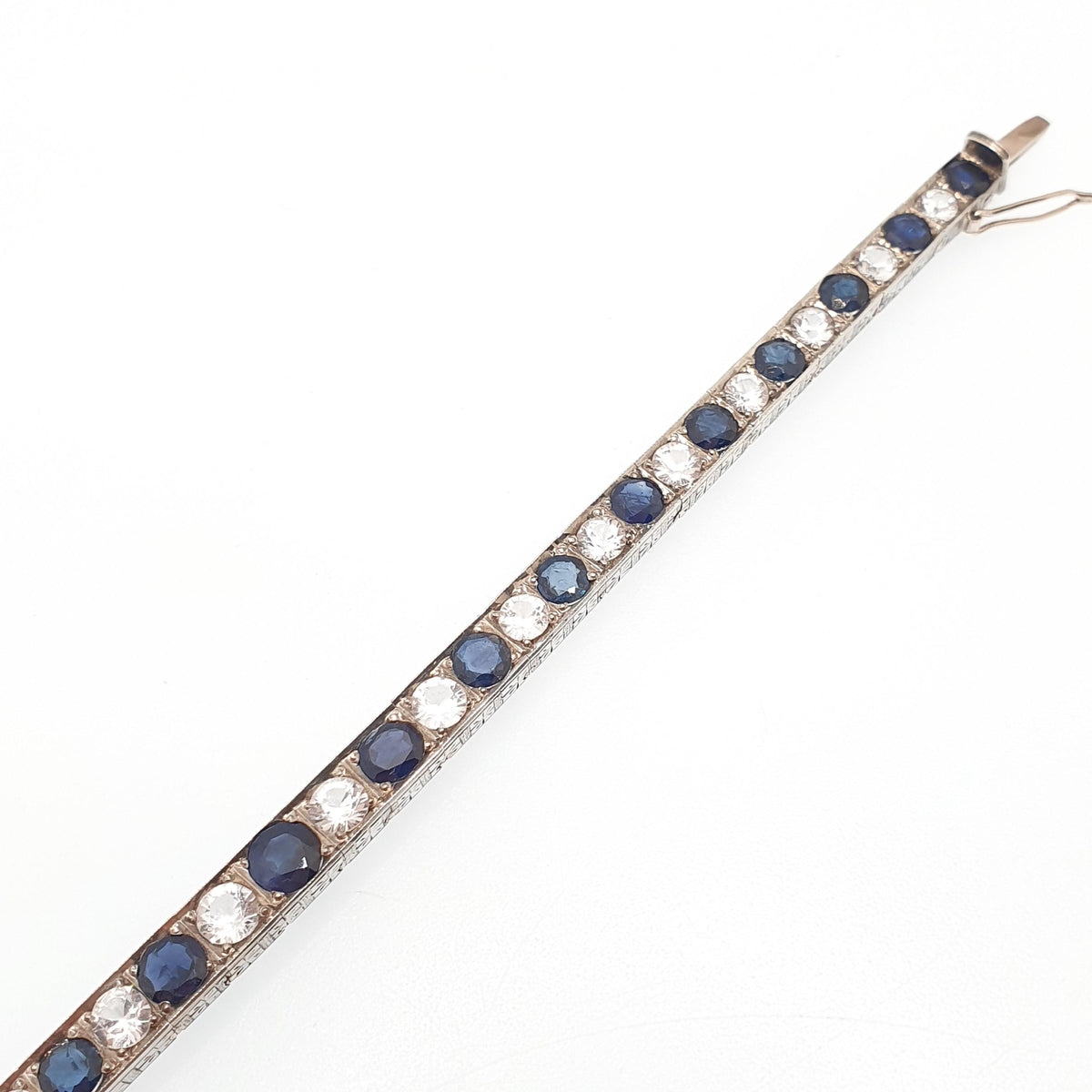 Antique Solid Silver Sapphire Line Bracelet Tennis Genuine Blue & White Gemstones Art Deco Tennis Link 1920s Vintage Jewelry Jewellery