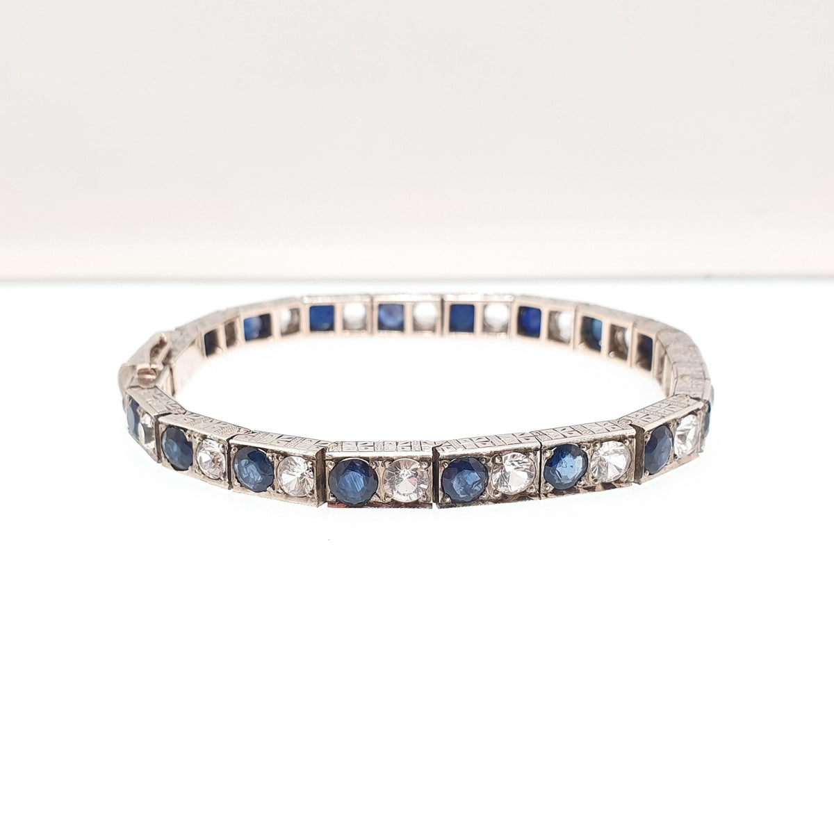 Antique Solid Silver Sapphire Line Bracelet Tennis Genuine Blue & White Gemstones Art Deco Tennis Link 1920s Vintage Jewelry Jewellery