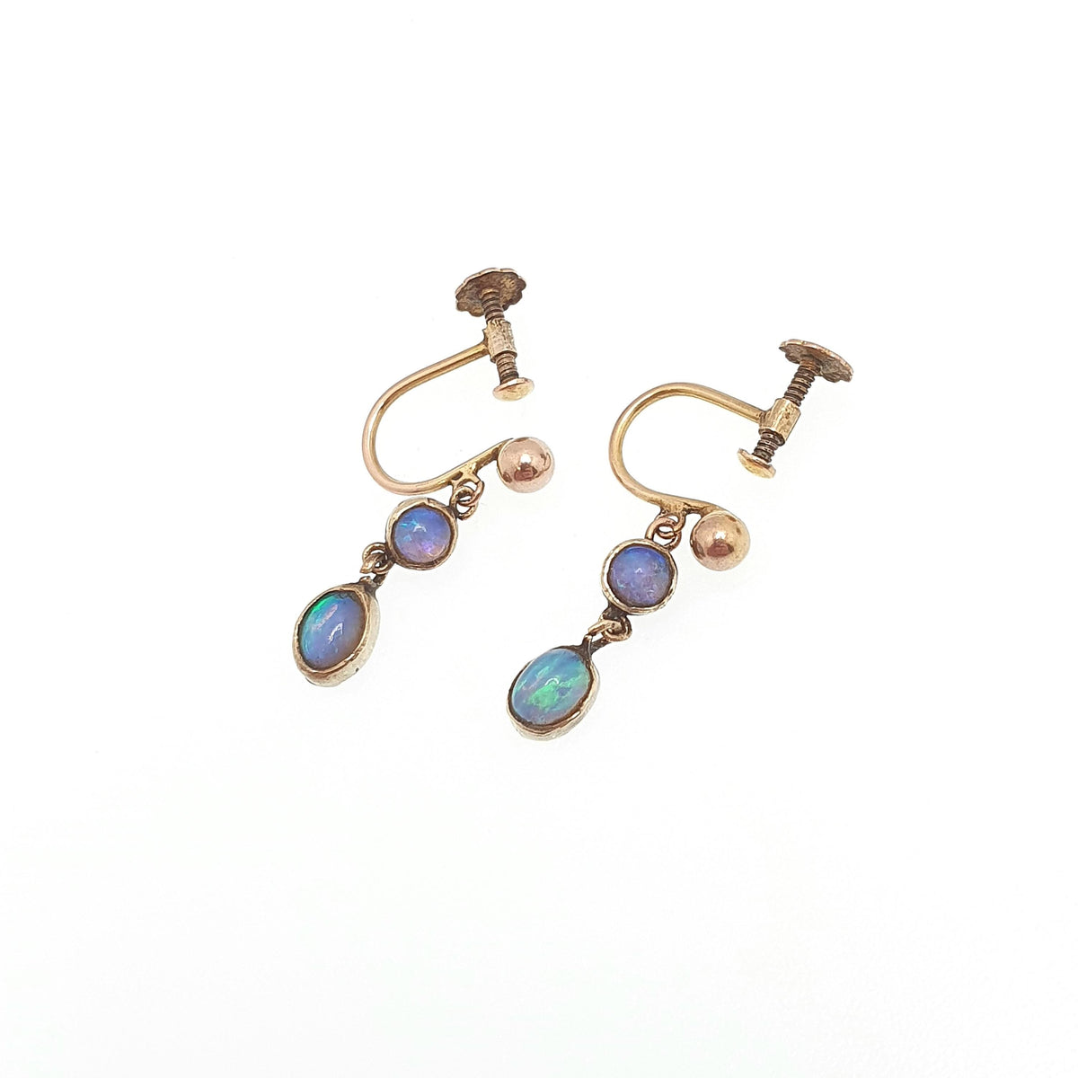 Antique 14k 14kt Gold Opal Earrings Dangle Drop Solid 9ct 9k 9kt Gold Screw Backs Double Gemstone  Vintage Jewelry Jewellery