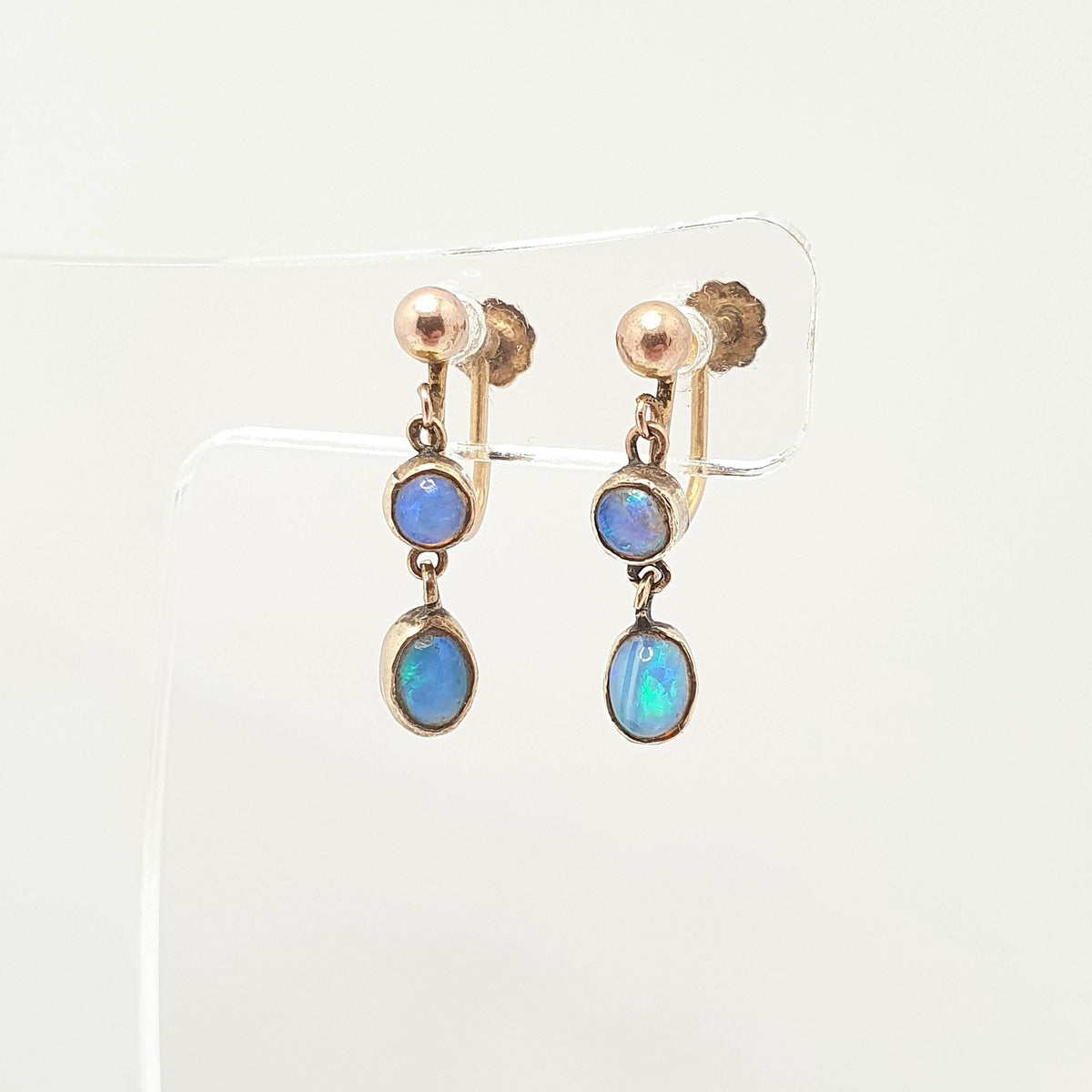Antique 14k 14kt Gold Opal Earrings Dangle Drop Solid 9ct 9k 9kt Gold Screw Backs Double Gemstone  Vintage Jewelry Jewellery