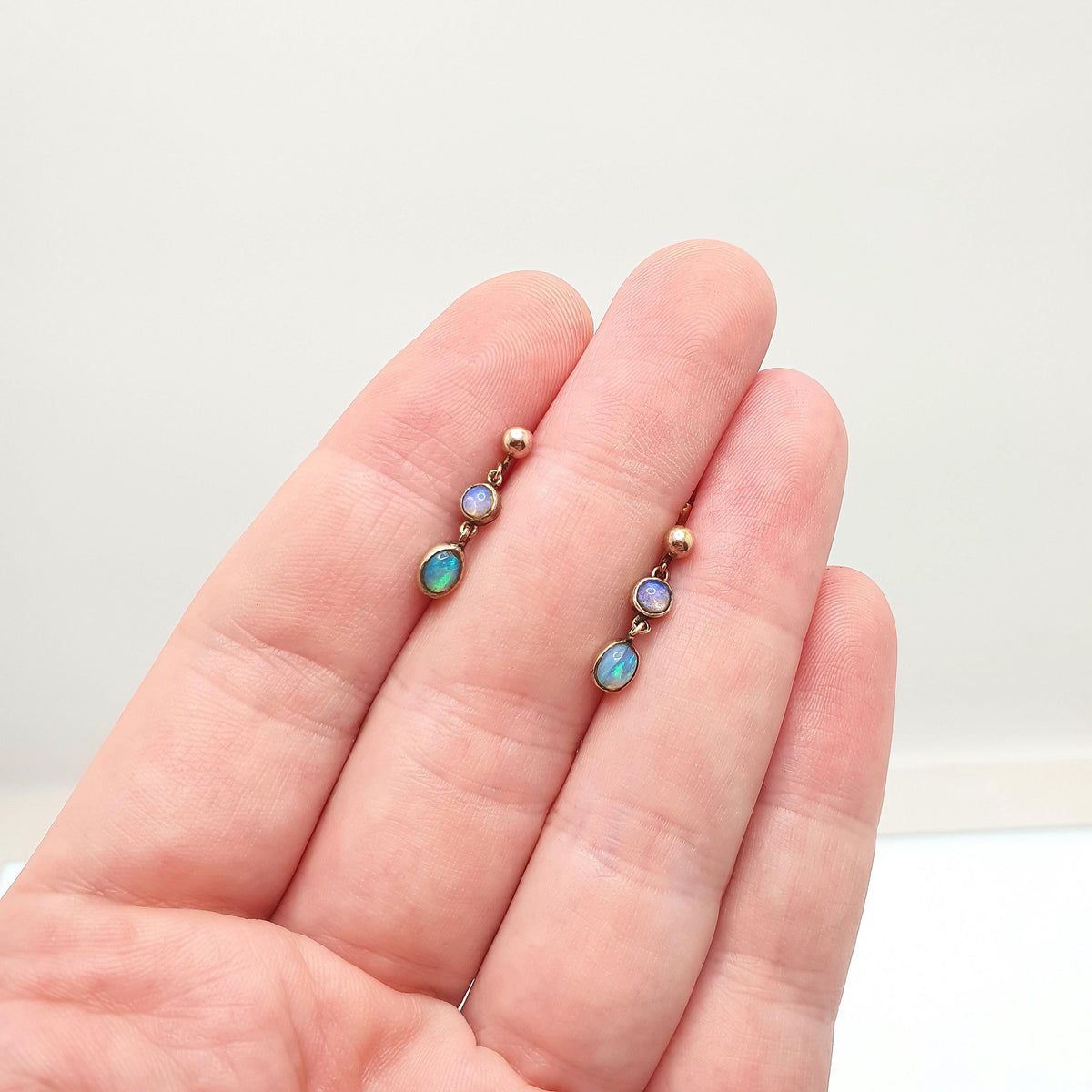 Antique 14k 14kt Gold Opal Earrings Dangle Drop Solid 9ct 9k 9kt Gold Screw Backs Double Gemstone  Vintage Jewelry Jewellery