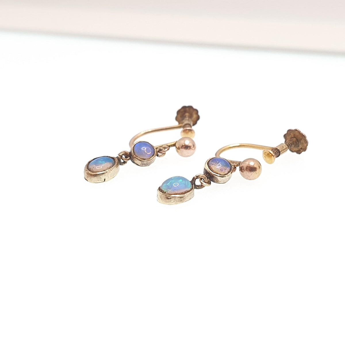 Antique 14k 14kt Gold Opal Earrings Dangle Drop Solid 9ct 9k 9kt Gold Screw Backs Double Gemstone  Vintage Jewelry Jewellery