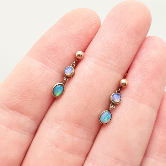 Antique 14k 14kt Gold Opal Earrings Dangle Drop Solid 9ct 9k 9kt Gold Screw Backs Double Gemstone  Vintage Jewelry Jewellery
