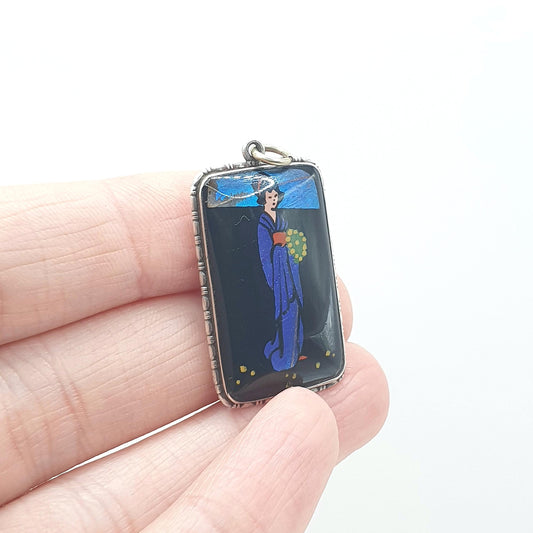 Antique Sterling Silver Butterfly Wing Geisha Pendant Necklace Hand Painted Insect Bug Japanese Lady Womens Jewelry Jewellery
