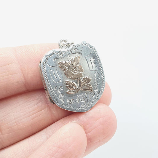 Antique Sterling Silver Locket Rose Gold Flower Centre 1911 Hallmark Shield Shape Pendant Necklace Photo Vintage Womens Jewelry 925