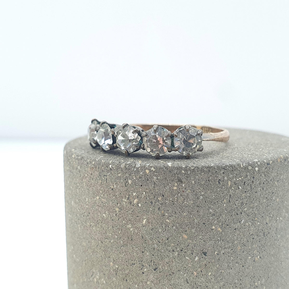 Antique Victorian Rolled Gold Diamond Paste Ring 5 Stone Foiled Gold Filled UK O US 7.25 Vintage Ladies Womens Jewelry Jewellery