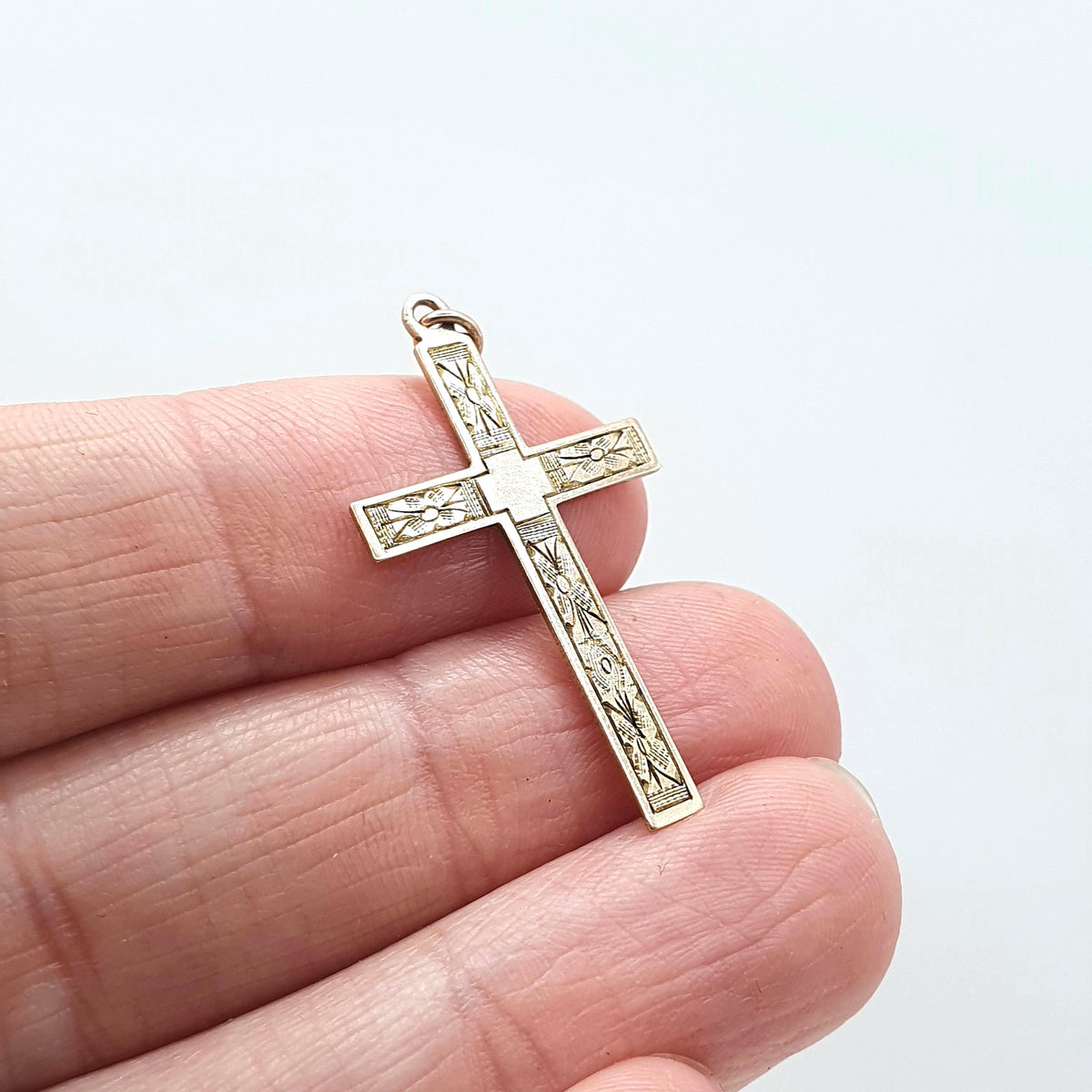 Antique 9ct Rose Gold Crucifix Pendant Cross Necklace Hand Engraved Flowers Solid 9k 9kt Vintage Womens Mens Jewellery Jewelry