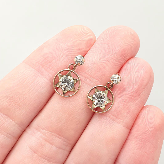 Antique 9ct Gold Star Earrings Diamond Paste Earrings Solid 9k 9kt 375 Hook Celestial Stars Drop Dangle Womens Jewelry Jewellery