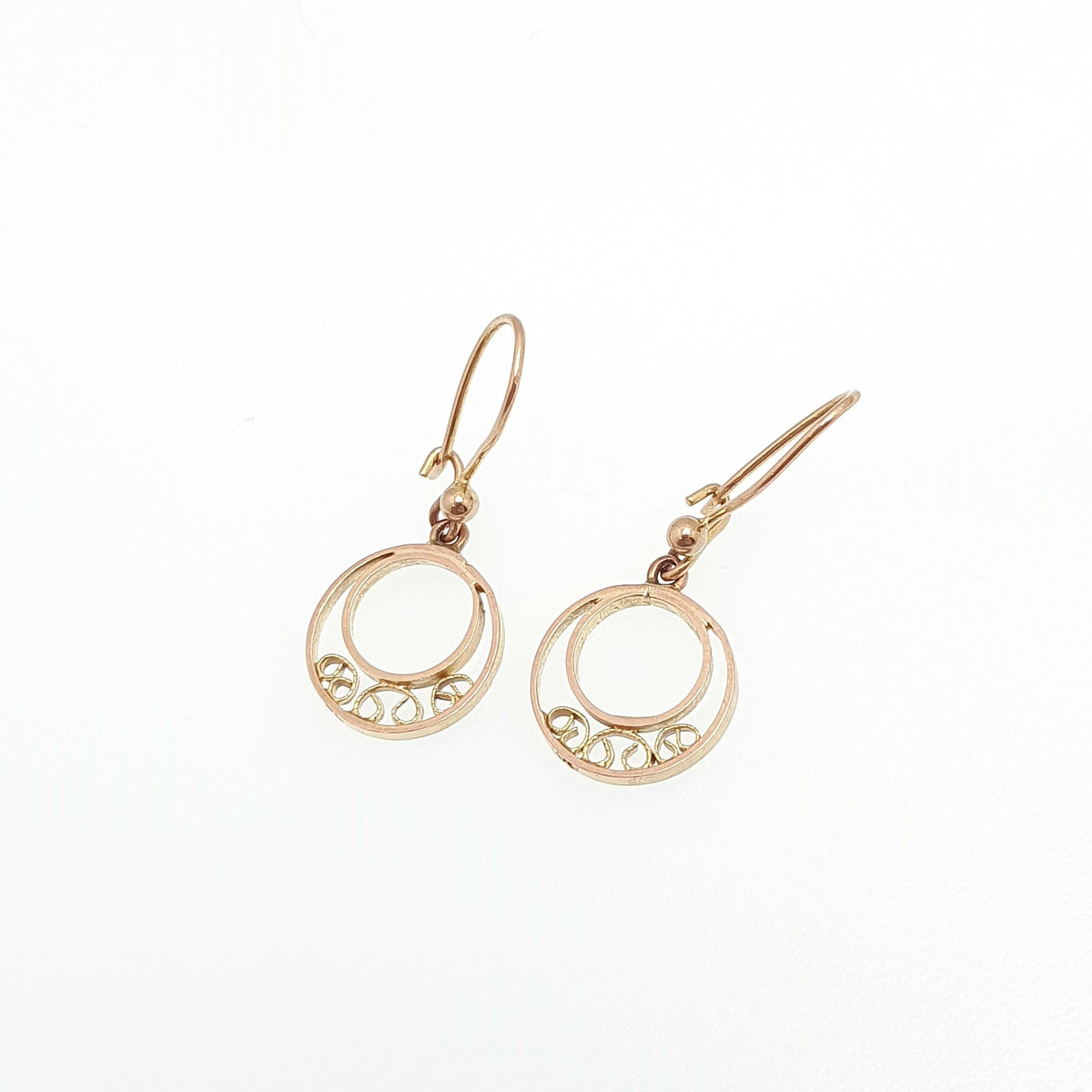 Antique 9k 9ct Gold Circle Earrings Hook Drop Dangle Art Deco Sun Style Sunburst Solid 375 9kt Filigree Vintage Womens Jewellery Jewellery