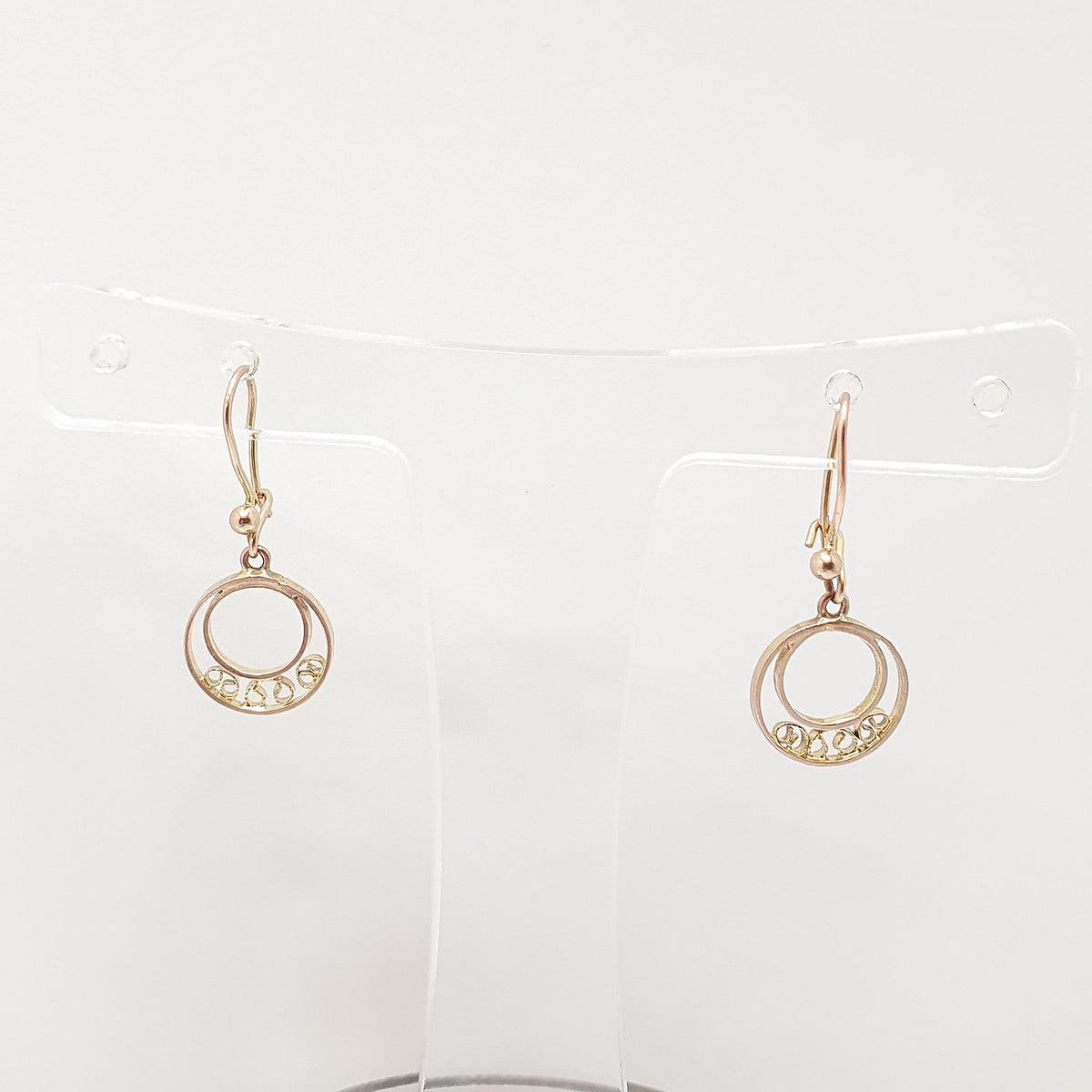 Antique 9k 9ct Gold Circle Earrings Hook Drop Dangle Art Deco Sun Style Sunburst Solid 375 9kt Filigree Vintage Womens Jewellery Jewellery