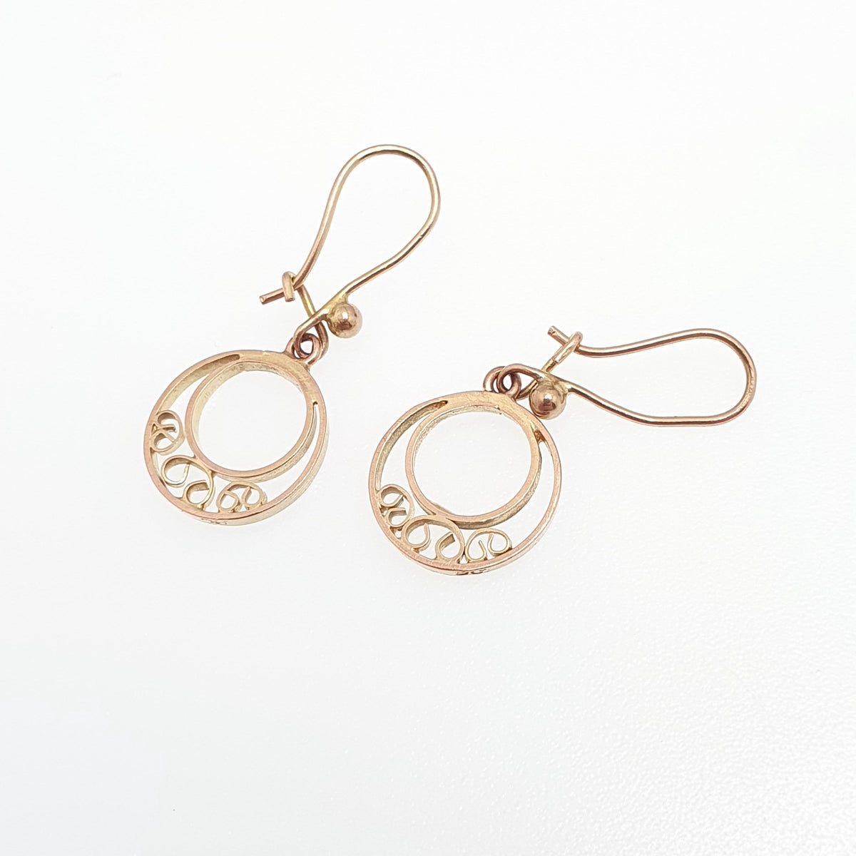 Antique 9k 9ct Gold Circle Earrings Hook Drop Dangle Art Deco Sun Style Sunburst Solid 375 9kt Filigree Vintage Womens Jewellery Jewellery