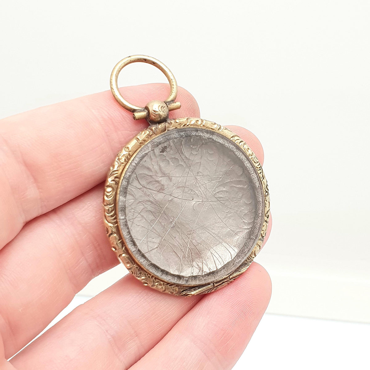 Antique Victorian Locket Pendant Necklace Chased Border Rolled Gold Filled Pocket Watch Large Big Vintage Womens Jewelry Jewellery