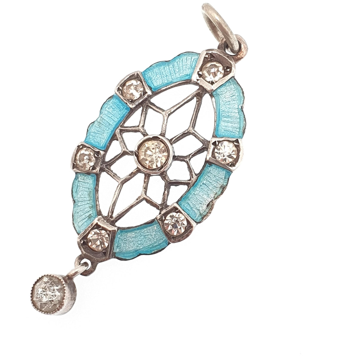 Antique Victorian Solid Silver Enamel Paste Star Pendant Web Necklace Art Nouveau Sky Blue Diamond Pastes Vintage Womens Jewelry Jewellery