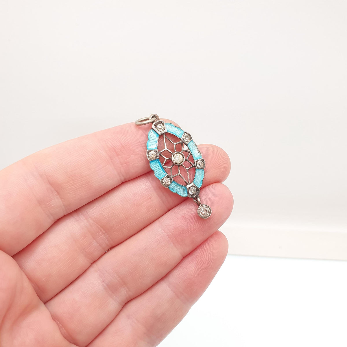 Antique Victorian Solid Silver Enamel Paste Star Pendant Web Necklace Art Nouveau Sky Blue Diamond Pastes Vintage Womens Jewelry Jewellery