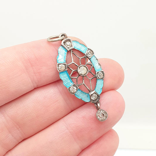 Antique Victorian Solid Silver Enamel Paste Star Pendant Web Necklace Art Nouveau Sky Blue Diamond Pastes Vintage Womens Jewelry Jewellery