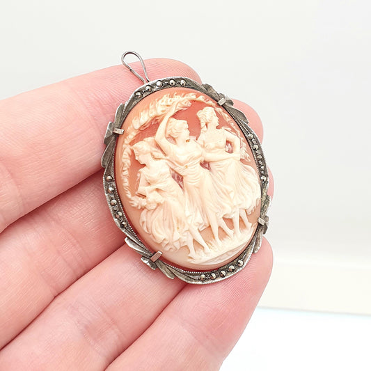 Antique Solid Silver Three Graces Cameo Brooch Marcasite Goddess Mythology Pendant Necklace Vintage Jewelry Jewellery