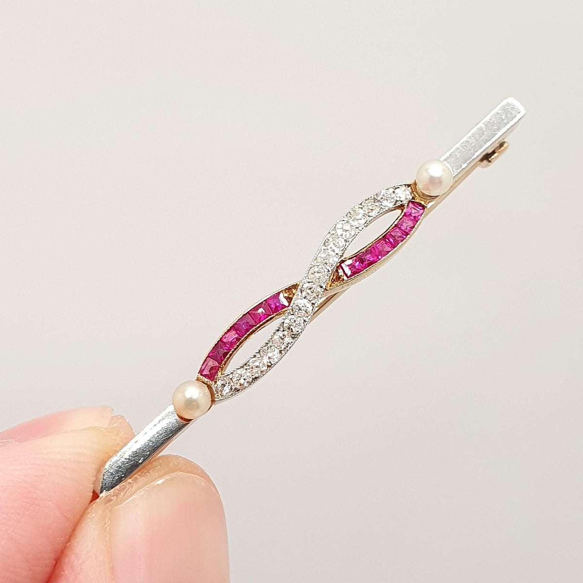 Antique 18ct Gold Diamond & Ruby Brooch Art Deco Infinity Channel Set Pearl Solid 18k 18kt 750 Platinum Genuine Gemstone Vintage Pin